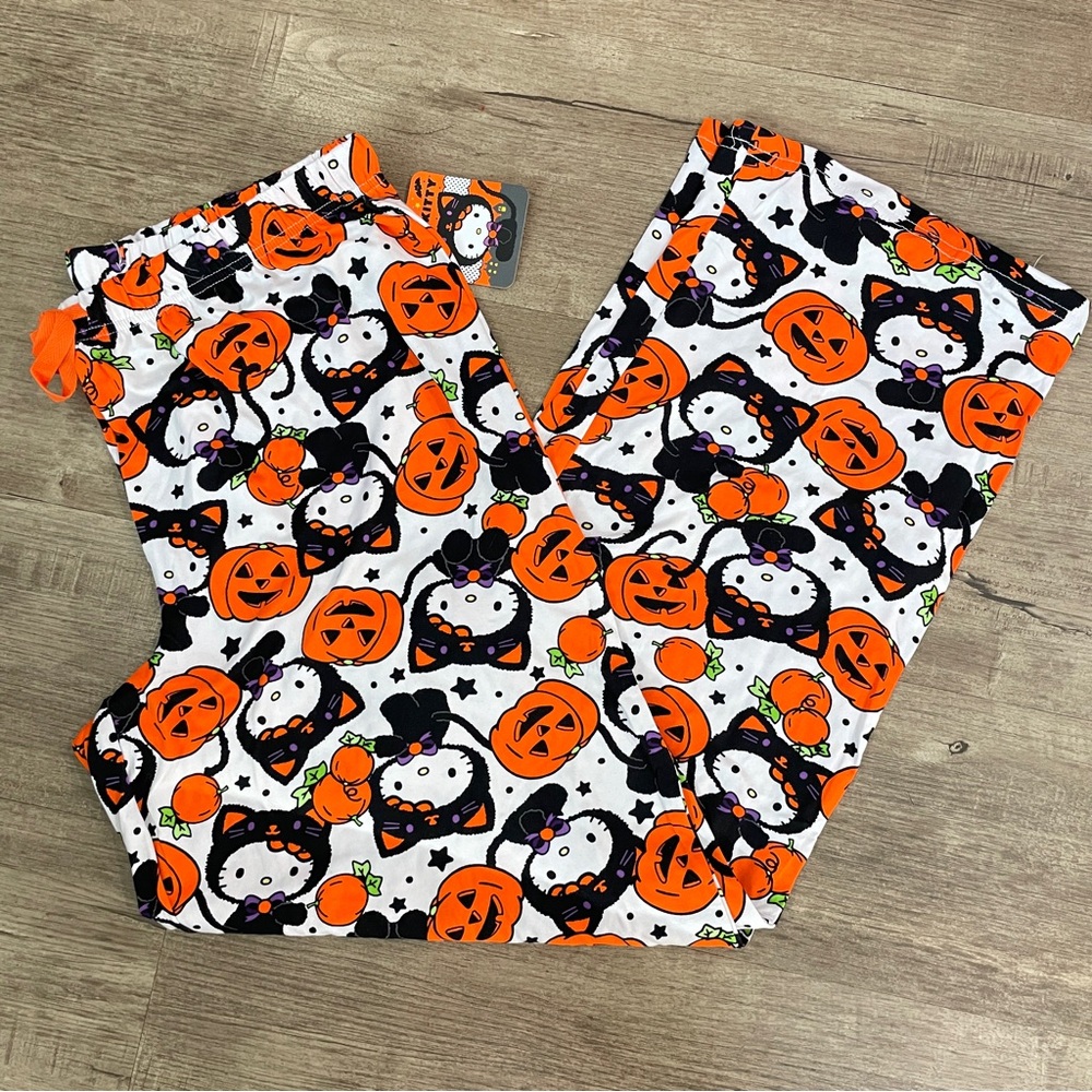 NEW Sanrio Hello Kitty Halloween Pajama Pants‎ White Orange Pumpkin Black Cat
